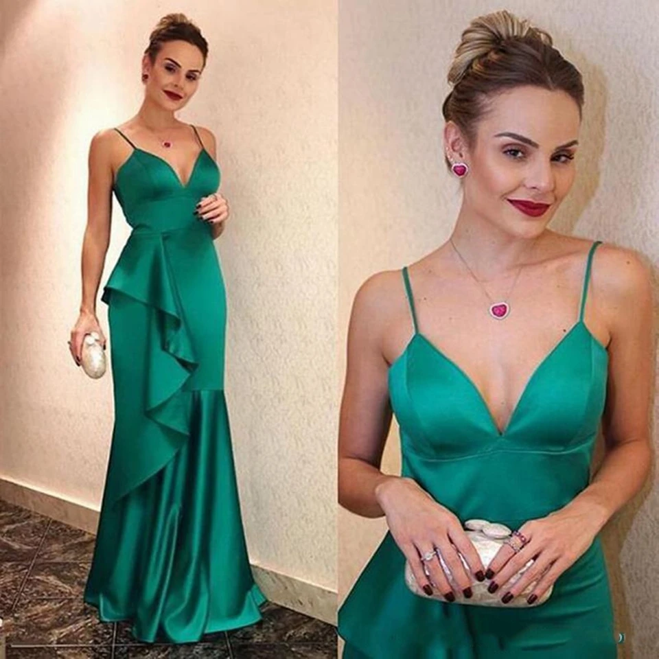 

2020 Sexy ong Prom Dresses Formal Party Sleeveless High Quality Vestido Trumpet V-Neck Green Spaghetti Straps Long Evening Gowns