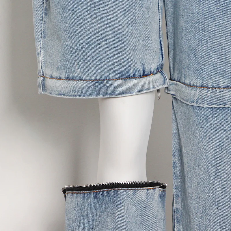 2021 Spring Autumn Women Dectable Jeans Zipper Design Hip Hop Streetwear High Waist Vintage Washed Blue Deniom Long Pants