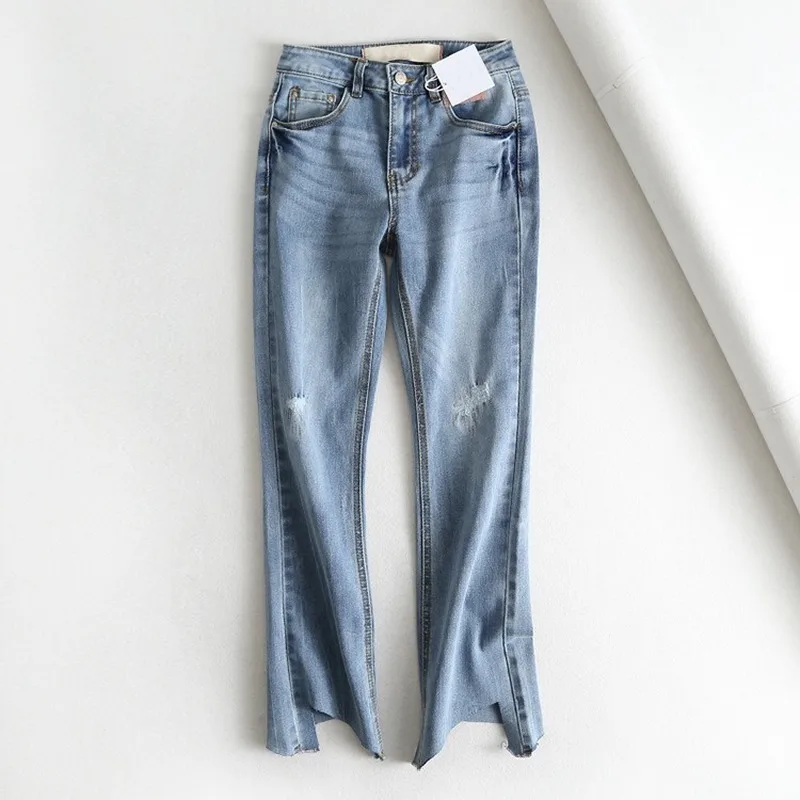 Высококачественные эластичные джинсы с завышенной талией, облегающие нестандартные джинсы с микро-рогами, рваные джинсы для женщин, джинсы-скинни