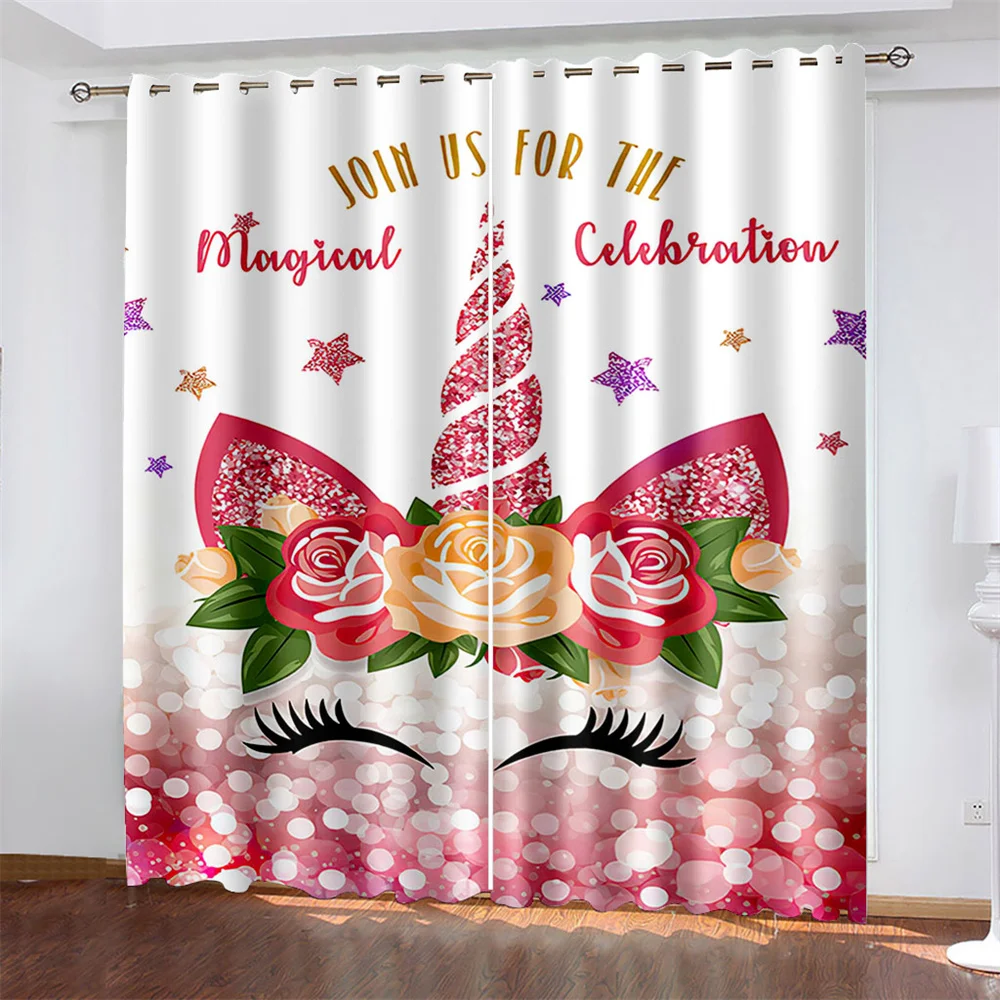 

3D Digital Printing Kawaii Unicorn Room Decoration Woven Curtains for Bedroom Left and Right Biparting Open Blackout Curtains