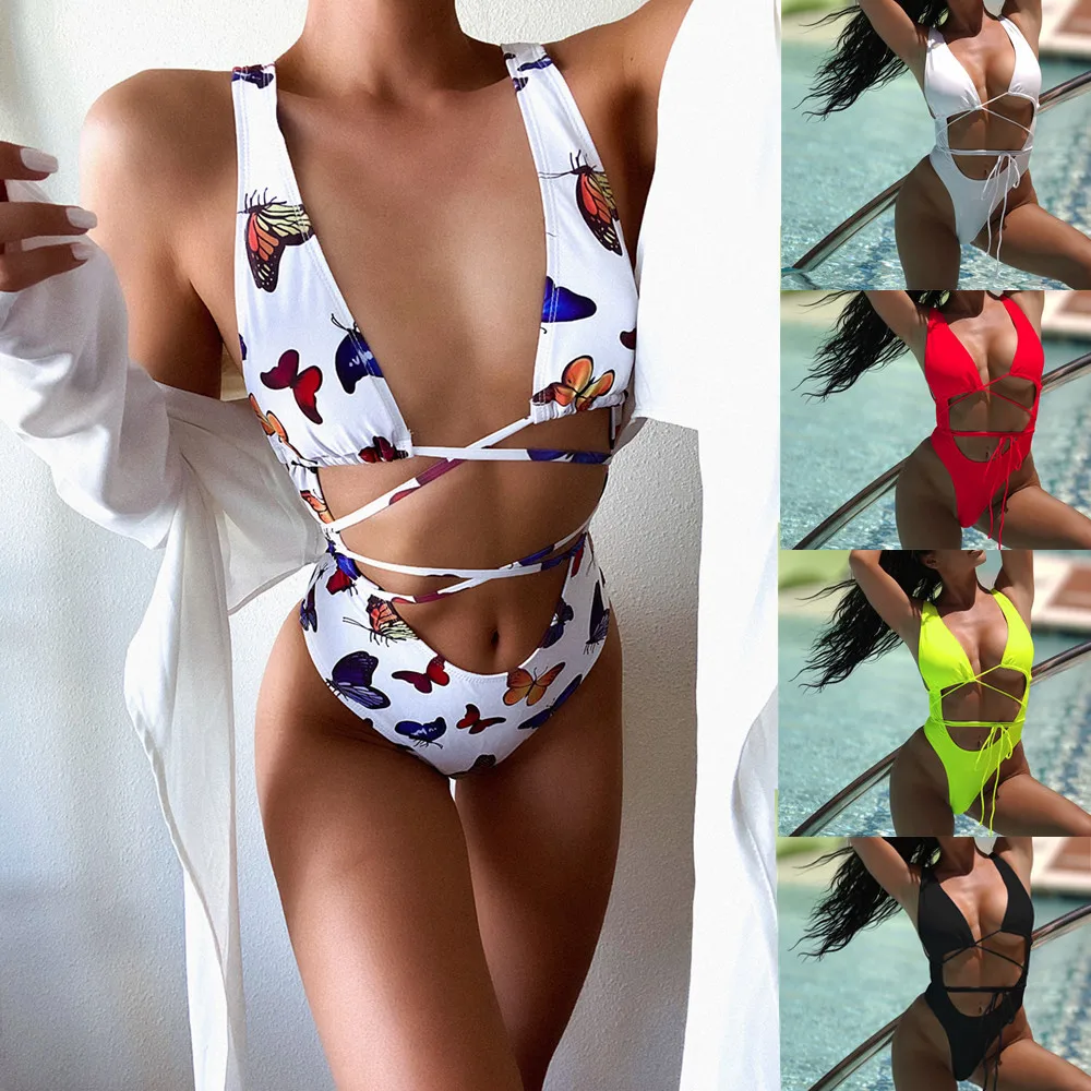 

BONJEAN One-Piece Swimsuit for Women Butterfly Printed Summer Beachwear High Waist Hollow Out Swimwear Ladies Sexy Bikini BJ3612