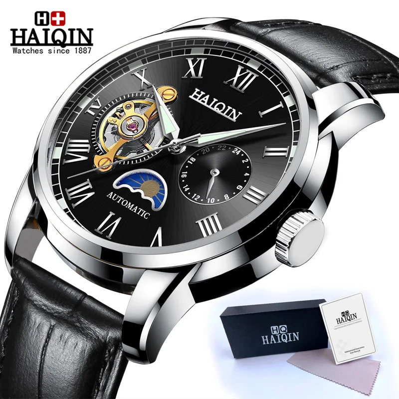 Silver Black HAIQIN водонепроницаемые мужские часы с скелетом из нержавеющей стали, роскошные брендовые прозрачные механические Спортивные мужские наручные часы - Цвет: Silver Black