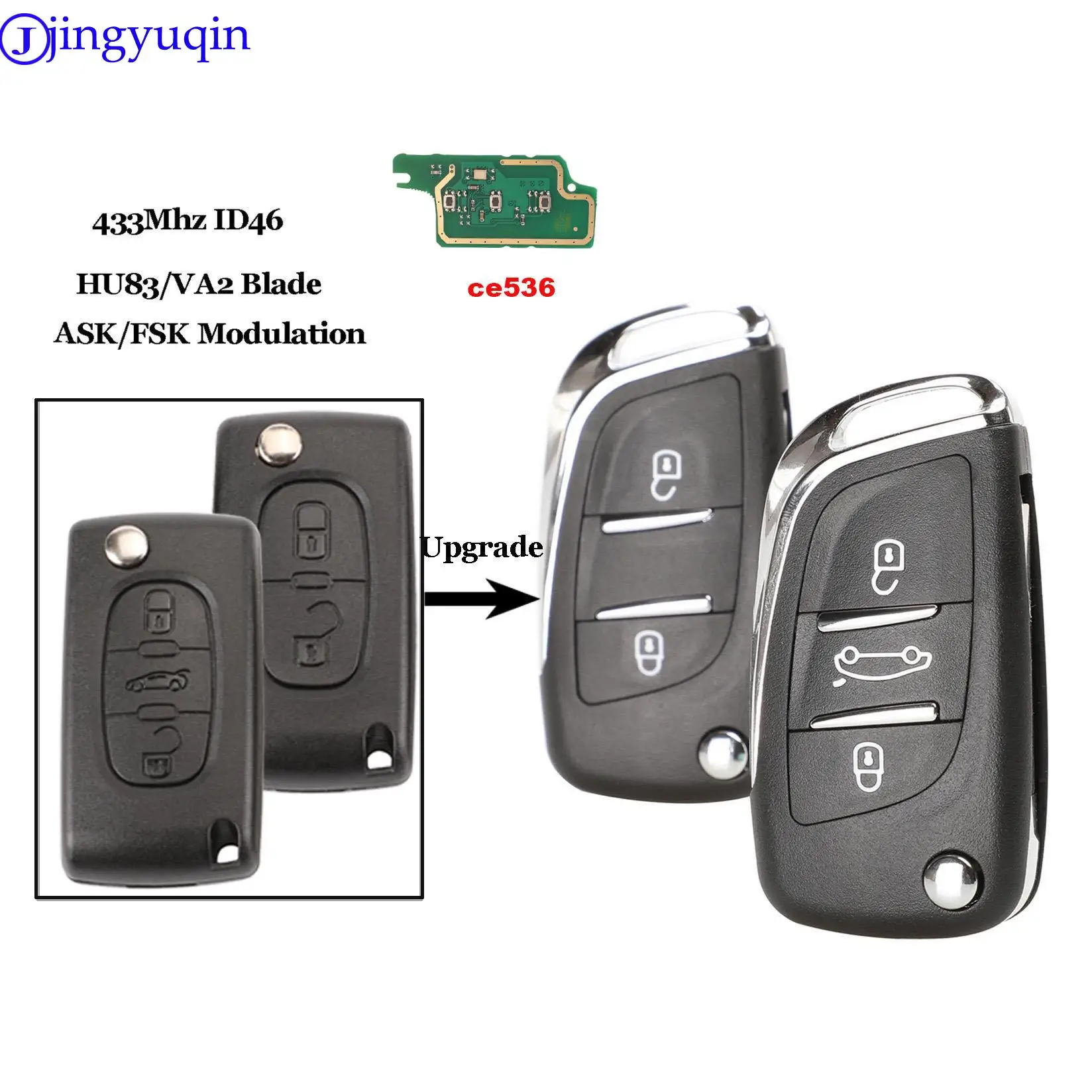 jingyuqin 10PS CE0536 2/3 Buttons Modified Flip Car key For Peugeot Partner 307 308 407 408 3008 ASK/FSK 433MHz PCF7961 HU83/VA2