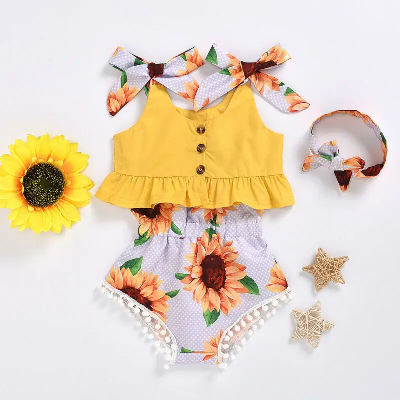 

USPS Fast 0-24M New Baby Girls Clothes Set Print Bowknot Vest Crop Tops+Sunflower Tassel Shorts Headband Outfits