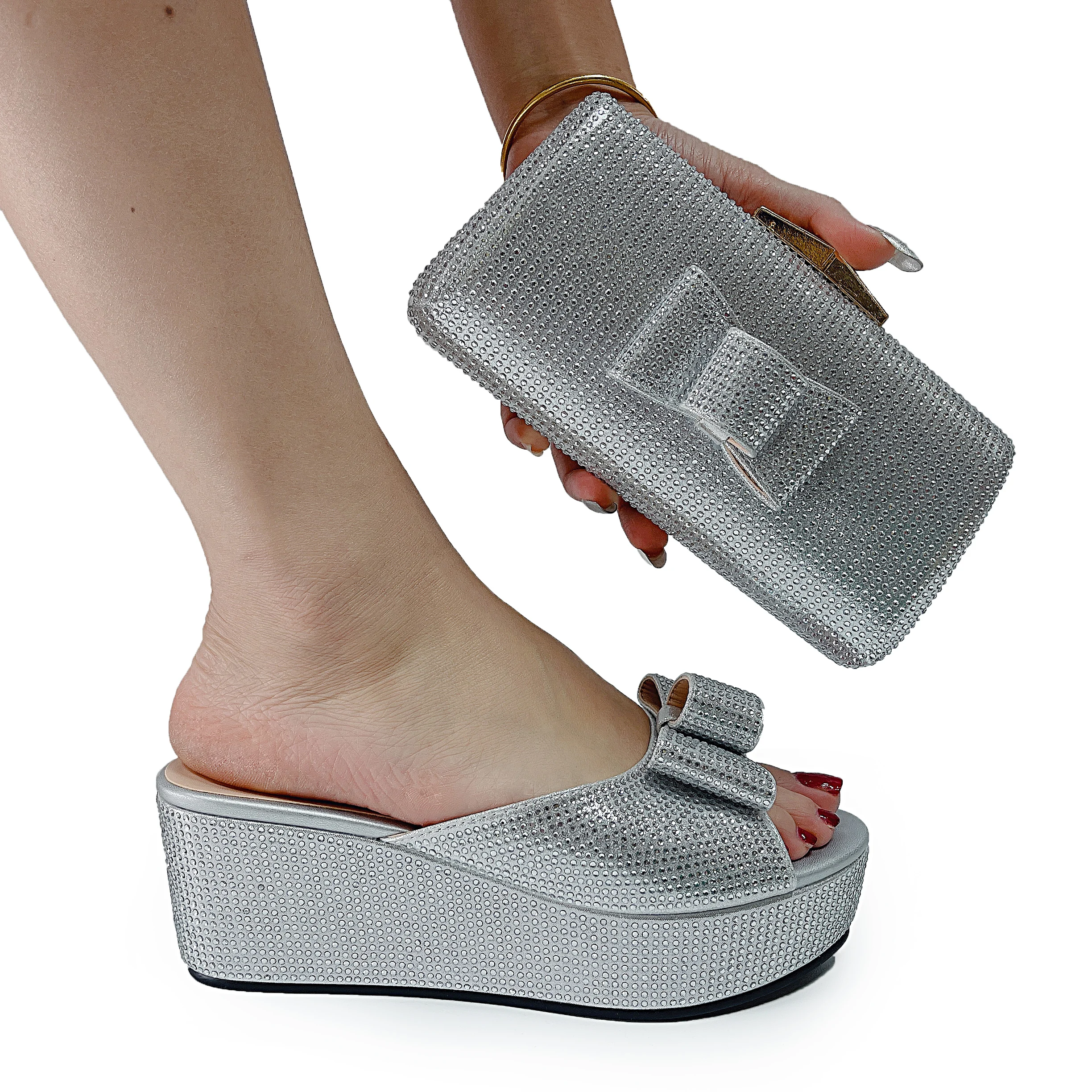 Italian Wedding Party Shoe with Bag Bow Decor Rhinestone Summer Wedge Shoe and Purse Luxury Golden Silde Shoe and Bag Set 178-11