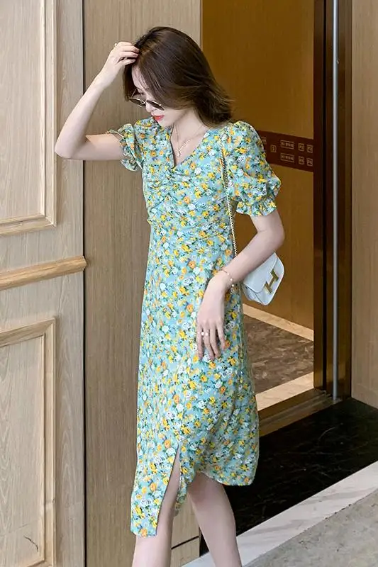 

COIGARSAM French Style Floral Print Women dress New Summer Chiffon Dresses Green 9329