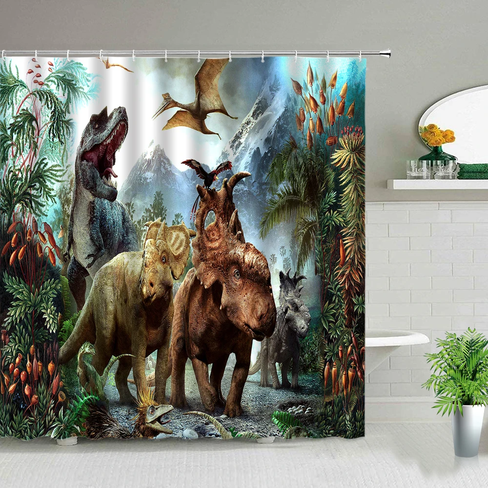 

Dinosaur Print Shower Curtains Green Plant Landscape Children Waterproof Bathroom Curtain With Hook Bathtub Screen Boy Girl Gift