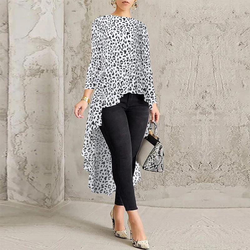D White Leopard Асимметричное Платье-туника Топ Для женщин Блузка Весна сорочка ZANZEA плиссированная рубашка с длинными рукавами Женский «ласточкиным хвостом» Блузы больших размеров - Цвет: D White Leopard