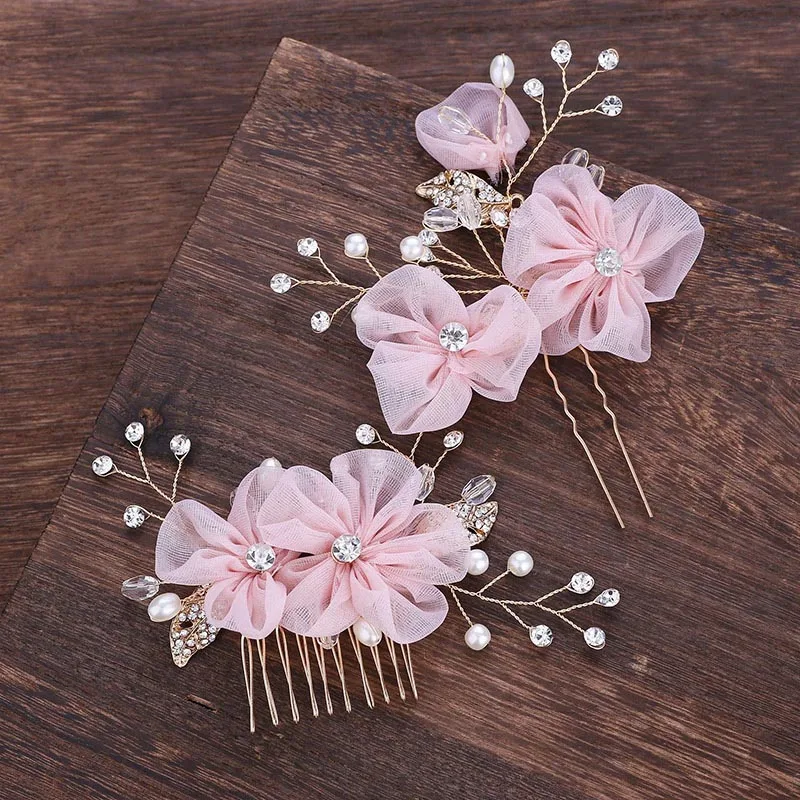 High Fashion Pink Yarn Flower Crystal Simulated Pearls Hair Combs Hairpins Clips Bride Noiva Bridal Wedding Party Jewelry Sets | Украшения