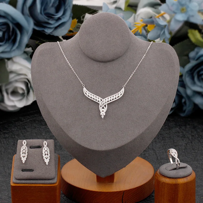 

Exquisite Small Jewelry Set 3 PCS Necklace Earrings Ring Cubic Zirconia Fashion Bridal Jewellery For Women Wedding