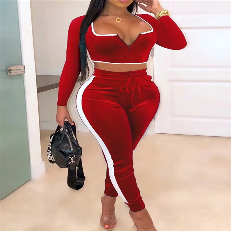 Женские сексуальные комплекты FUFUCAILLM, Бархатные Топы с длинным рукавом и квадратным воротником + облегающие полосатые брюки, 2 шт., осенний на...