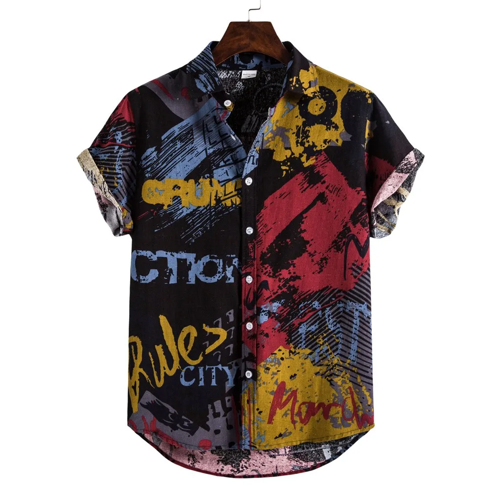 

Hot Sale 2021 Summer New Mens Linen Ethnic Short Sleeve Shirts Casual Printing Hawaiian Shirt Blouse T-shirt Chemise Homme