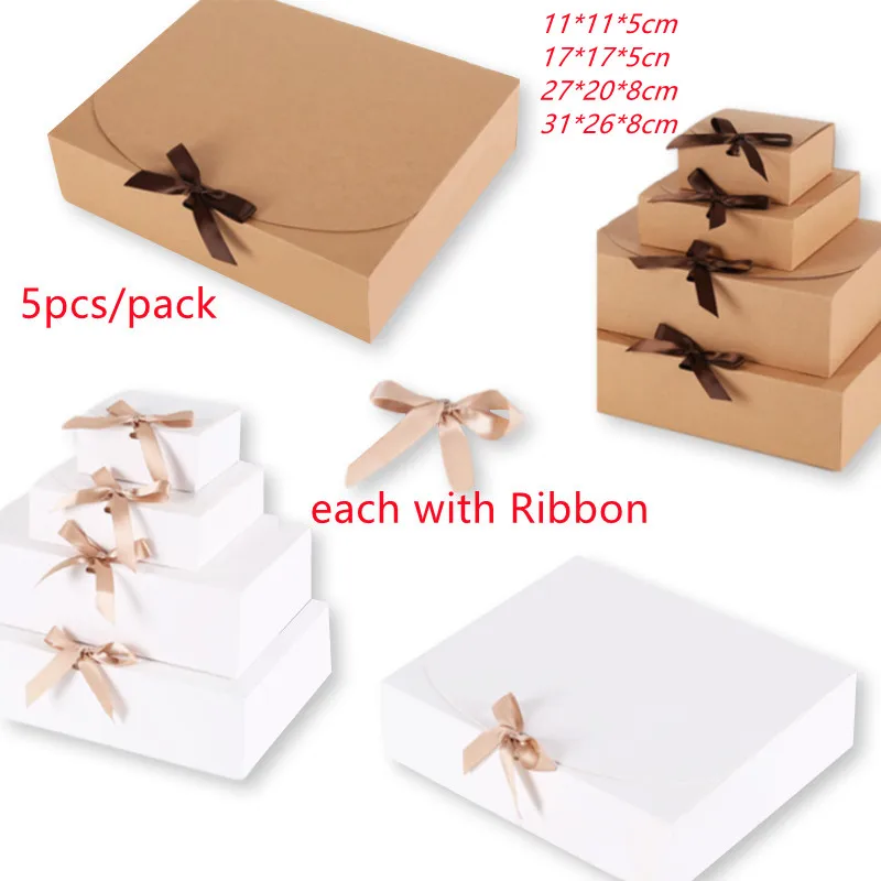 5pcs White/Kraft/Black Gift Box Event &amp Party Supplies Packaging Wedding Birthday Handmade Candy Chocolate With Ribbon - купить по