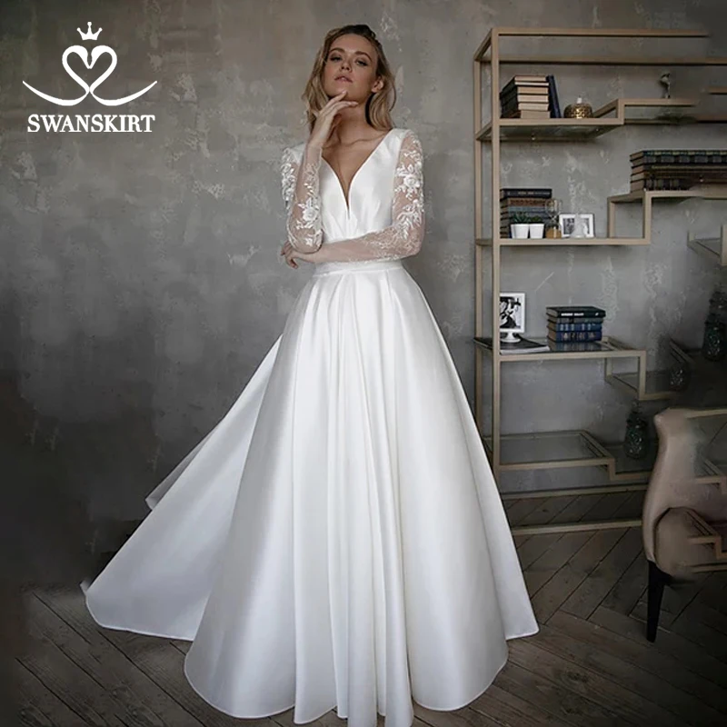 Элегантное платье с длинными рукавами свадебное SwanSarah HZ37 v образным вырезом