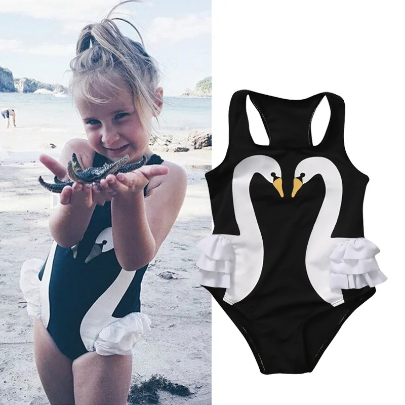 

2-7Y Baby Girl Cute Swan Printed Ruffled Swimsuit Swimwear Kids Children Summer Beach Casual Bikini Bathing Suits Beachwear