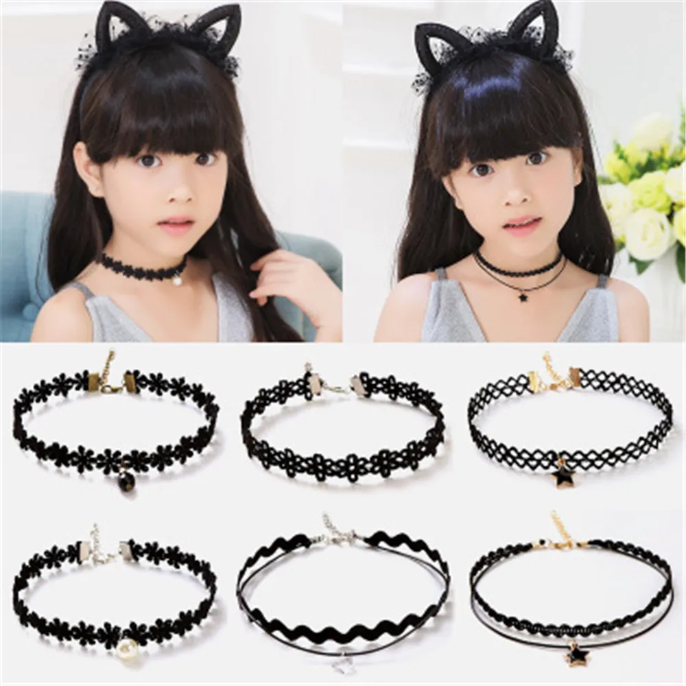 QIAMNI/модное многослойное Черное Кружевное колье чокер для девочек 5 11 шт./лот