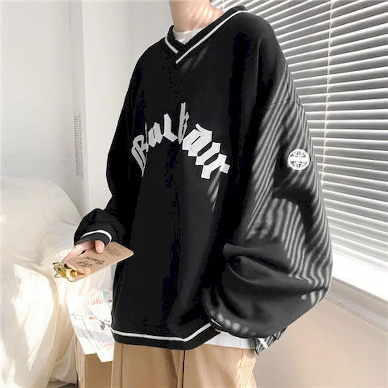 

V-neck Casual Pullover High Street Velvet Sports Wind Jacket Male Hip-hop Tide Brand Loose Sweatshirt Men Clothing Oversized