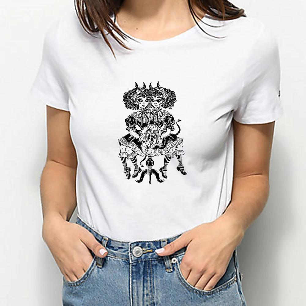 

Satan Demon Women T-shirt Vintage Harajuku the Angels Protect Me the Demons Respect Me Summer Top Short Sleeve Fashion European