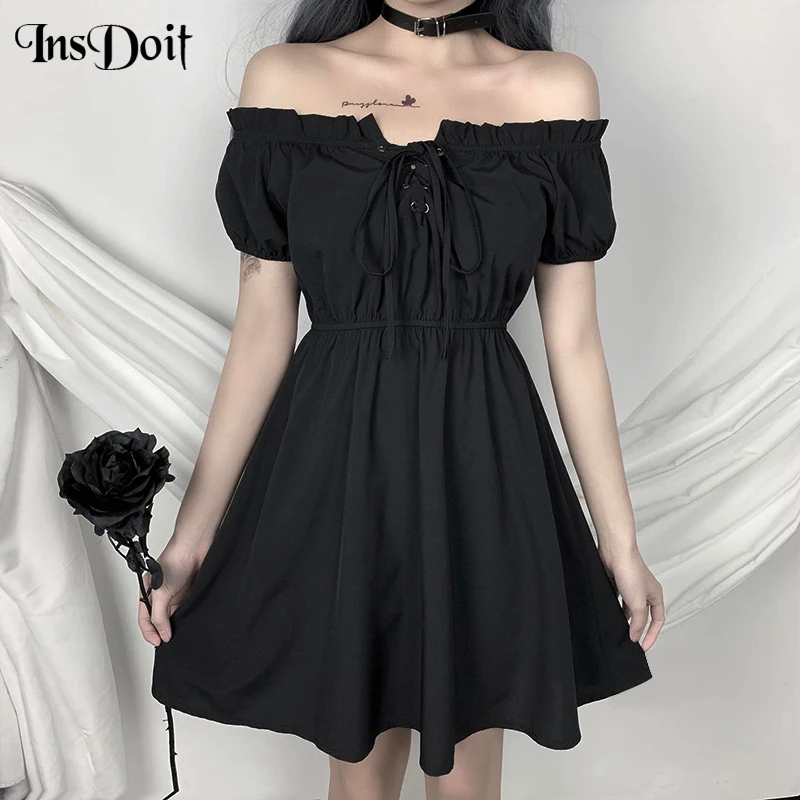 

InsDoit Black Off Shoulder Mini Dress Gothic Bandage High Waist Pleated Dress Harajuku Casual Short Sleeve Lace Up Dress