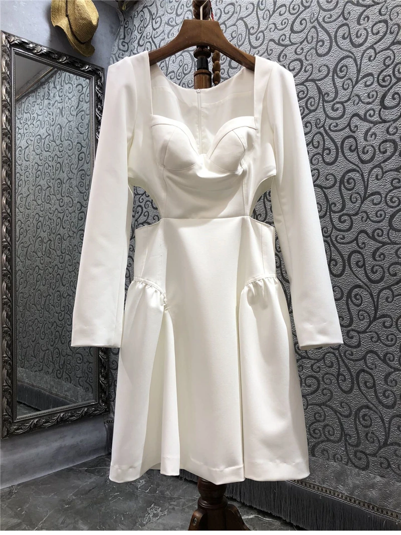 

Hollow Out Sexy Party 2022 Spring Dresses High Quality Women Square Collar Long Sleeve Large Swing Casual White Black Dress
