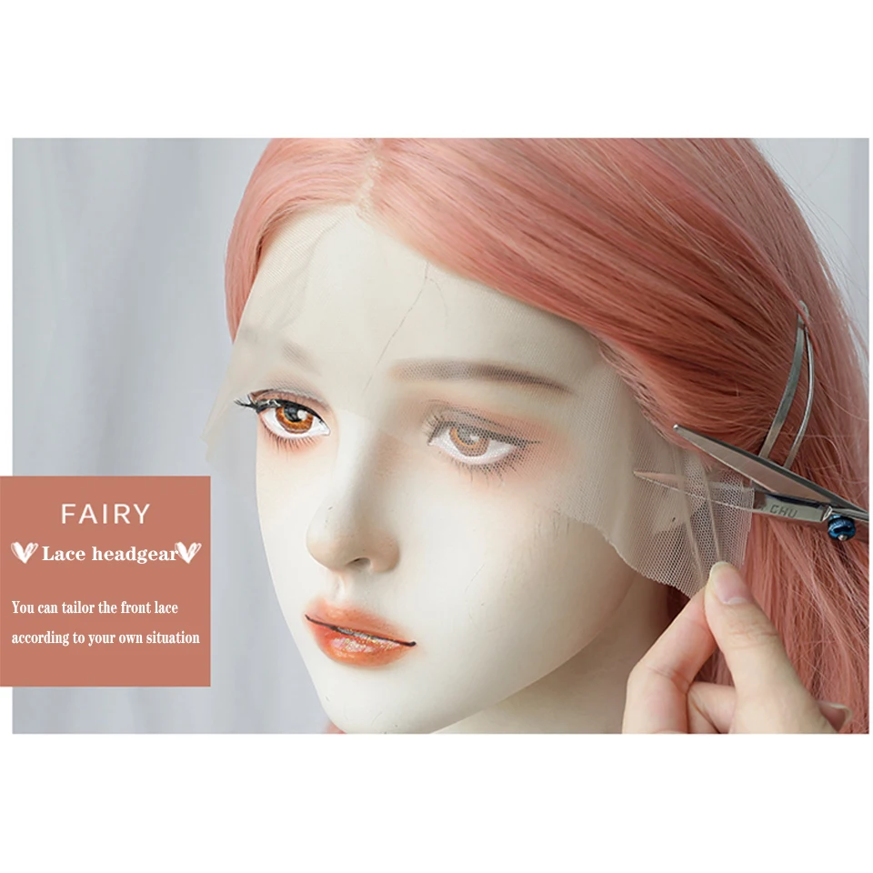 

HOUYAN Women's front lace long wavy wig pink fluffy wig female natural cosplay