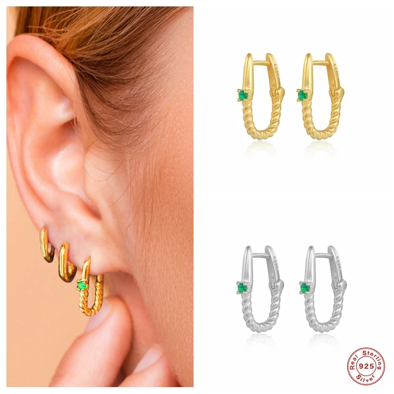 

Aide 925 Sterling Silver Rectangle Twisted Hoop Earrings For Women Luxury Green Zircon CZ Huggie Earrings 2021 Trend Jewelry