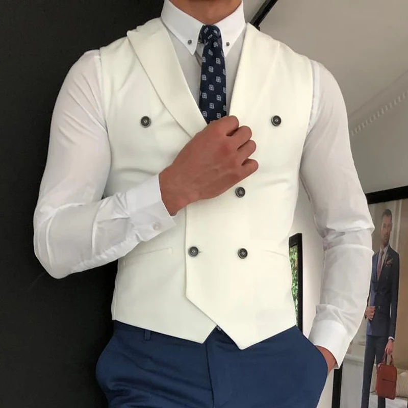 2023 White Slim Fit Men Vest With Double Breasted 1 Piece Custom Male Suit Waistcoat Peaked Lapel Wedding Groomsmen Waist Coat
