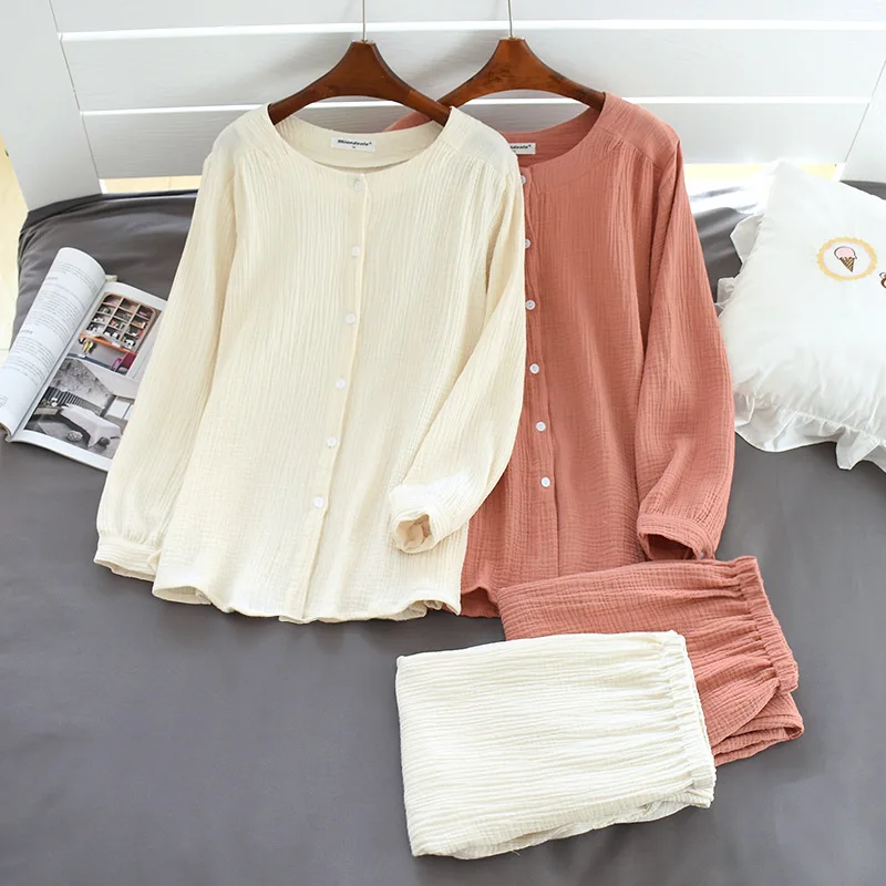 Новинка 2021 Осенние хлопковые брюки из крепа с длинным рукавом пижамы для женщин