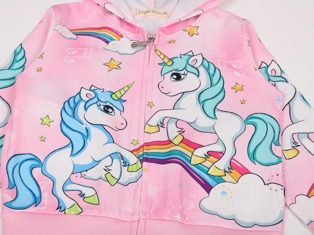 

Kids Girls Thin Long Sleeve Coat Spring and Autumn Lovely Unicorn Print Hoodie Overcoat Fashion Loose Casual Tops Children