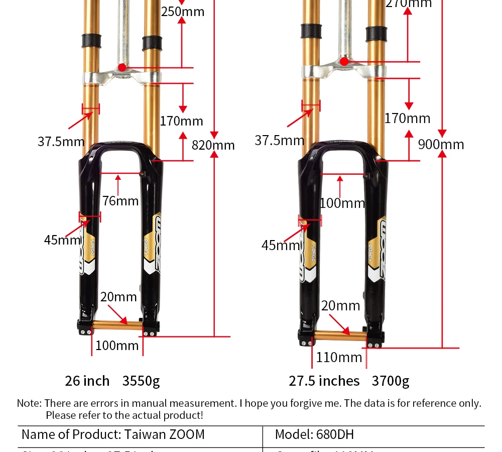 Тайваньская ZOOM подвесная Вилка передней оси DH передняя вилка дисковый тормоз 26