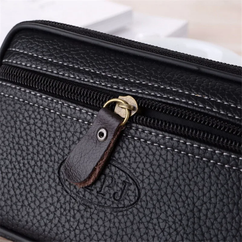 

Hot Casual Man Multi-function Mobile Phone Bag PU Leather Men Waist Packs High Quality Double Layer Zipper Phone Card Bag