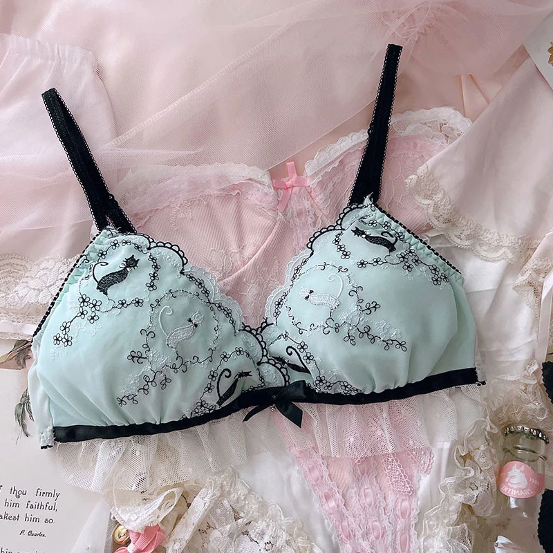 Japanese Style Soft Girl Sweet Cute Cat Embroidery Ruffled Thin Underwear Wireless Triangle Cup Bra Jum | Женская одежда