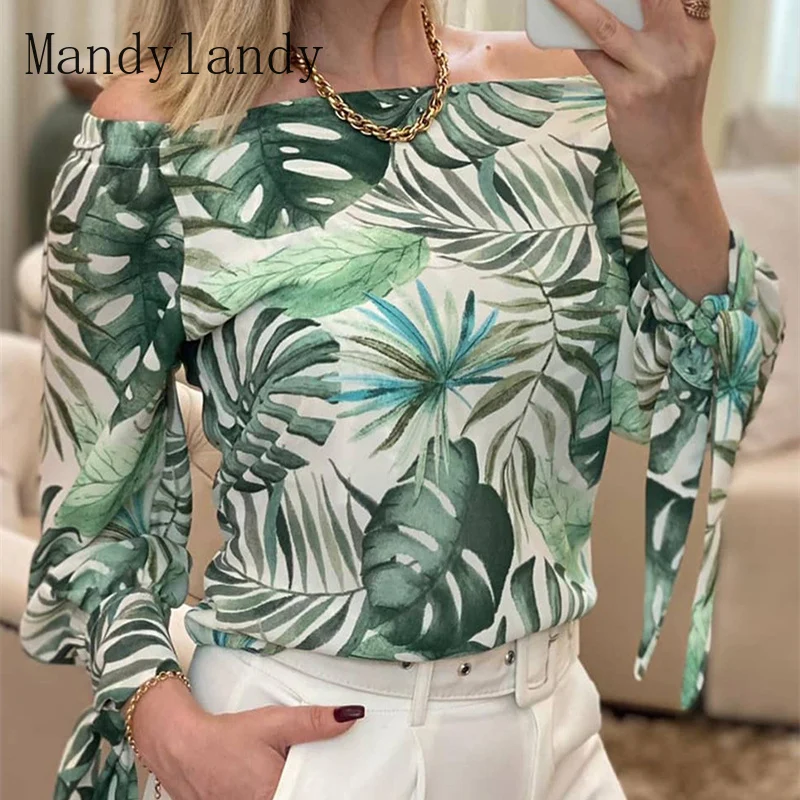

Mandylandy Women Summer Elegant Beach Shirt Top Ladies Casual Fashion Off Shoulder Long Lantern Sleeve Leaf Print T-shirt