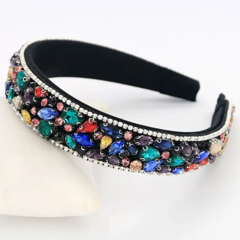 

Vintage Baroque Luxury Hair Accessories Colorful Water Drop Rhinestone Inlaid Wide Headband Hoop Women Jewelry Bandana