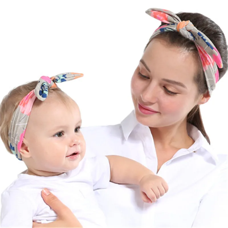 

Hot lovely Printing mother child suit hair band colorful rabbit ears Childlike cotton bow Sweet Hairband free shipping family