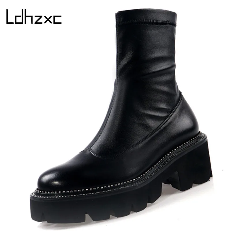 Ботильоны женские из натуральной кожи на платформе высоком каблуке большой