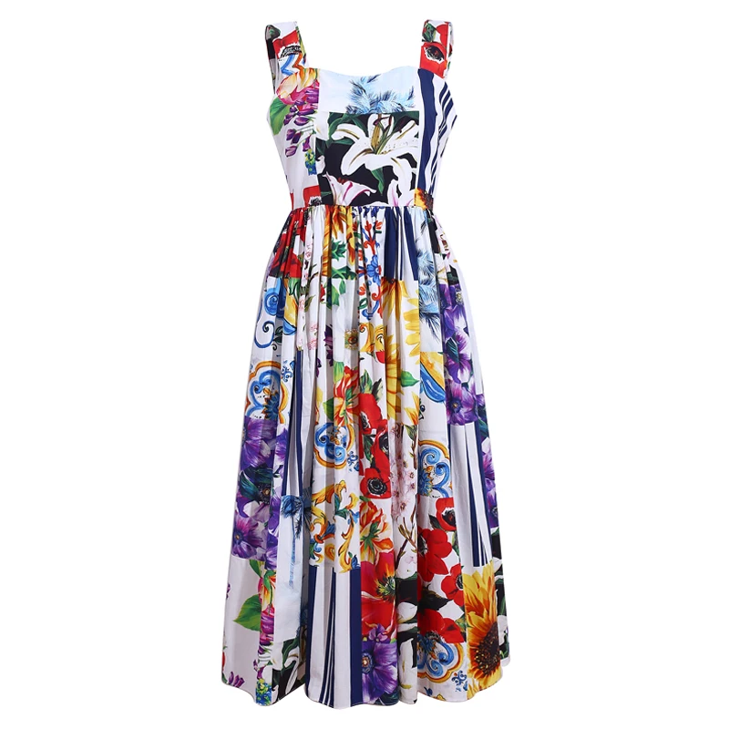 

2021 Summer Woman's dress Cotton Vintage Patchwork Flower Print Party Spaghetti Strap Middle Length Dress Vestdios