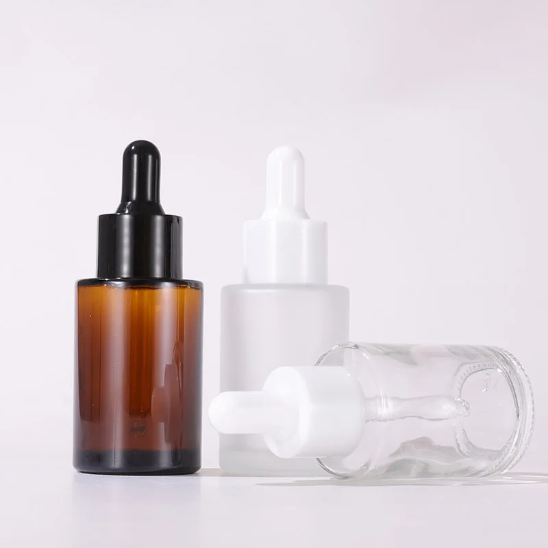 

30ml Flat Shoulder Frosted Clear Amber Essential Oil Serum Bottle With Glass Dropper For Cosmetics Essence