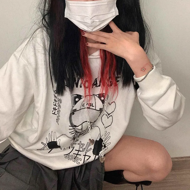

Kawaii Women Hoodie Goth Print Sweatshirt Long Sleeve Black Pink Hoodies Soft Girl Korean 2021 Fashion Autumn Punk Clothes