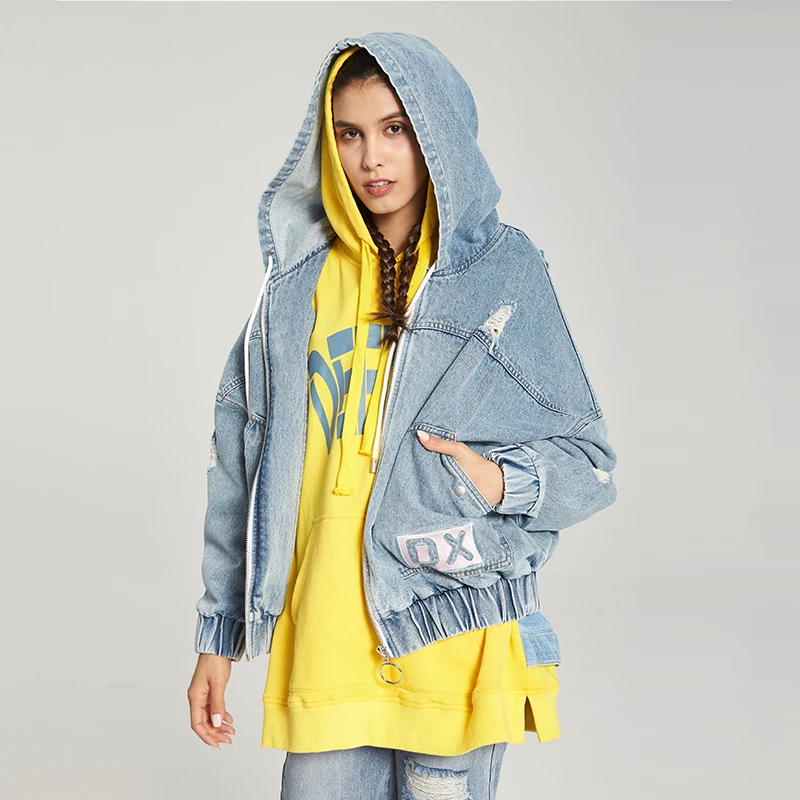 Женская джинсовая куртка с вышивкой Корейская уличная одежда на молнии дырками