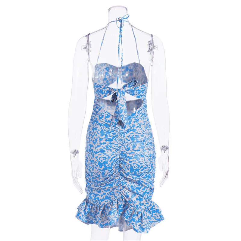 

Spaghetti Strap Hollow Out Dress Fashion Floral Print Sleeveless Halter Ruffle Women Dresses Sexy Backless Short Beach Dress