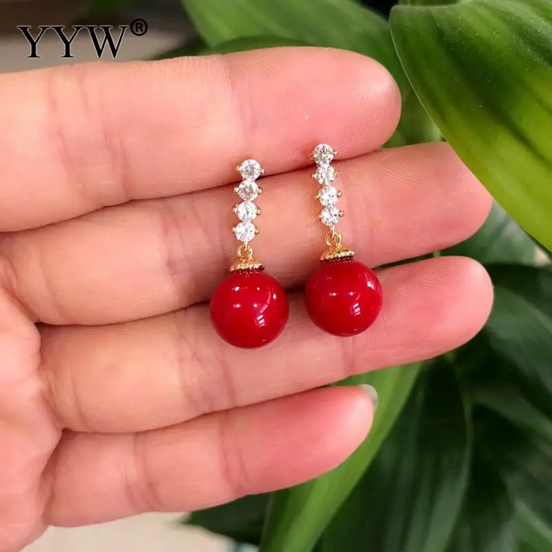 

Coral Red Pearl Earrings Round Pearl Earrings Fashion Vintage Earrings For Daily Wear Or Attend Various Party Or Matching