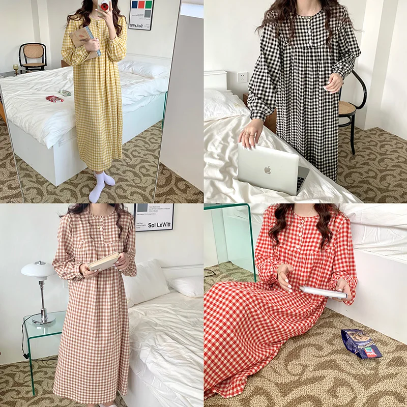 

Plaid Print Autumn Nightgown Women Casual Cotton Long Sleepwear Loose Buttons Vintage Harajuku Home Clothes Long Sleeve