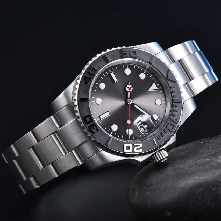 

Yacht Type Aseptic Gray Surface Men's Automatic Mechanical Watch Watch Stainless Steel Color Black Ceramic Ring