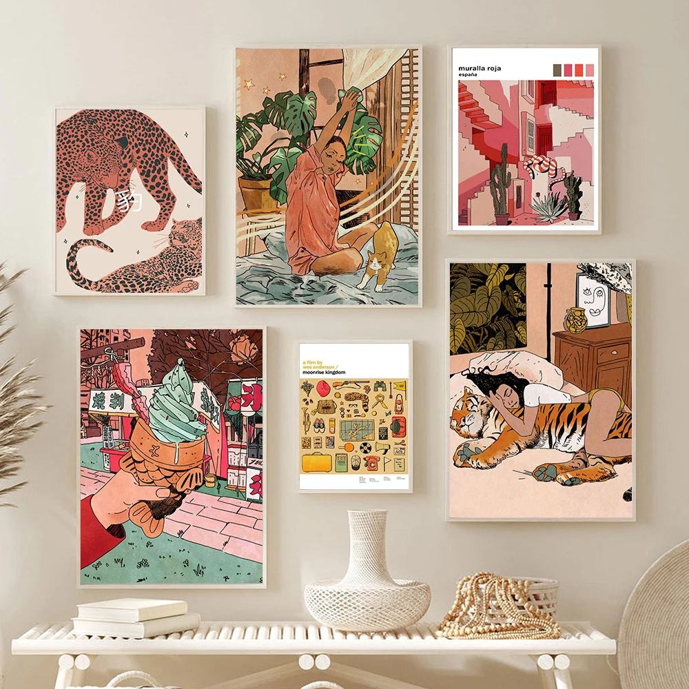 Мультяшные леопарды аниме разноцветная настенная Картина на холсте картина для