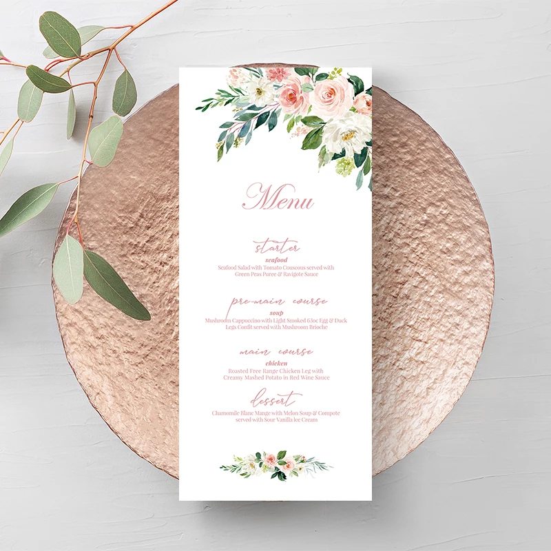 

50pcs Wedding Menu Cards Flower Custom Your Text Program List Diy Personalized Any Language Marry Party Thank You Card Guests