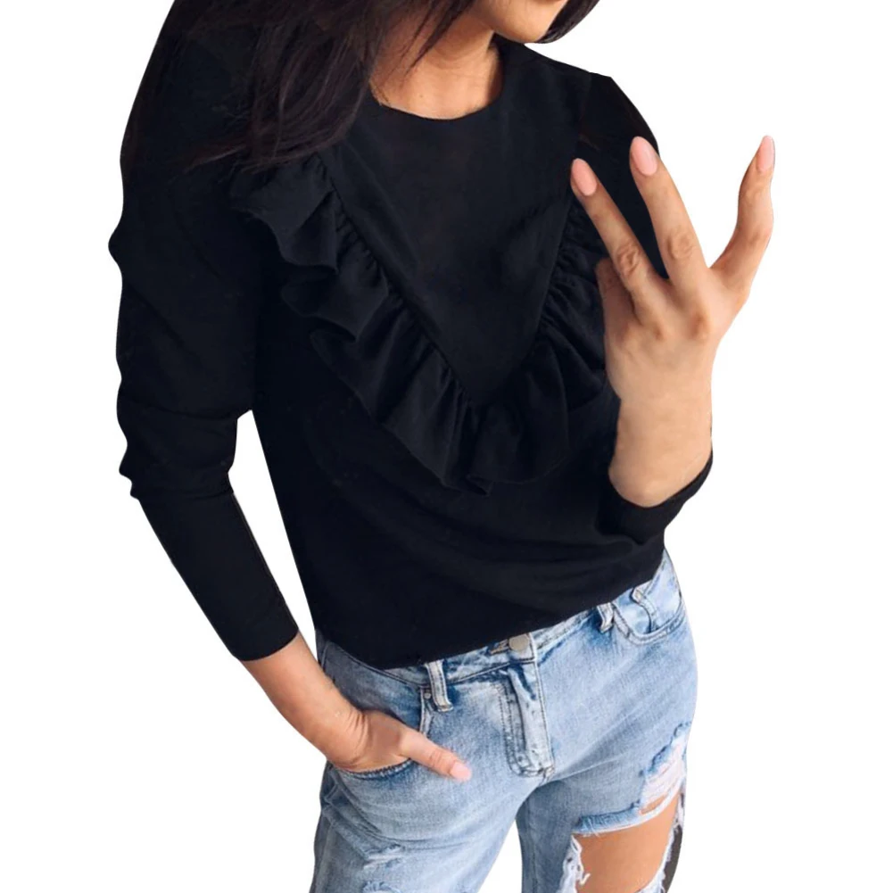 Women Casual Solid Color O Neck Long Sleeve Stitching Ruffled Hem Slim Blouse | Женская одежда