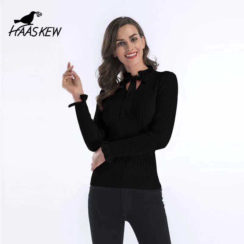

HAASKEW Autumn And Winter New Women's Sweater Scarf Collar Long-Sleeved Solid Color Soft Warmth Slim Knitted Wweater Pullover