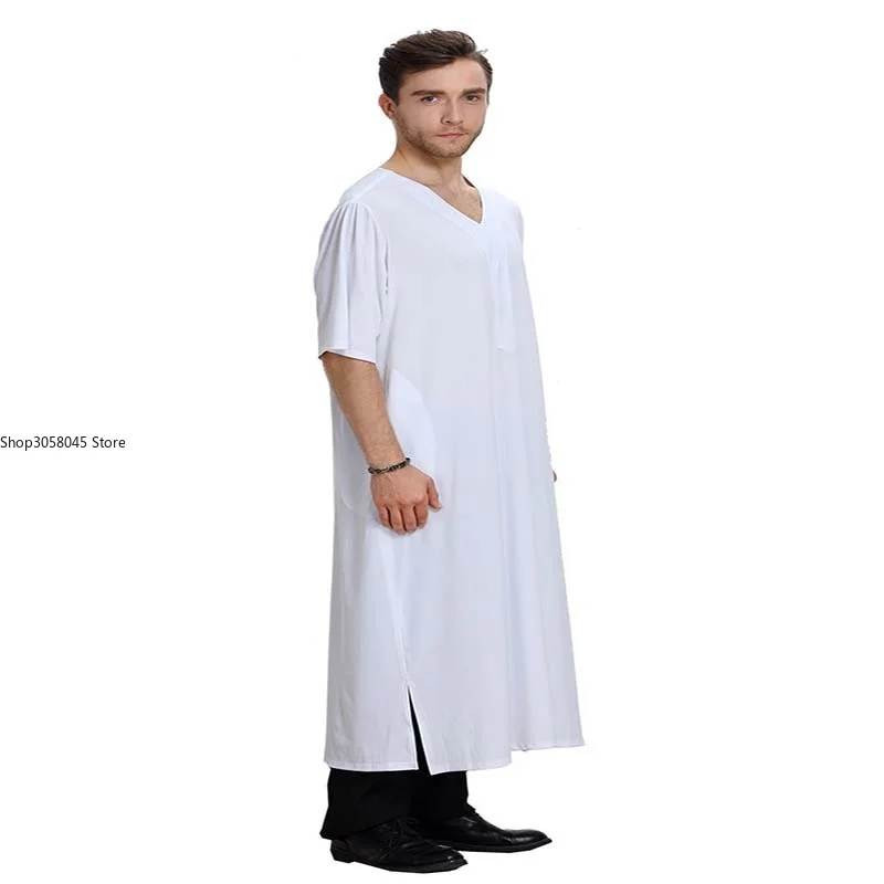 Muslim Clothing Men Short Sleeve V-Neck Robe White Gray Fashion Islamic Thobe Kaftan Jubba