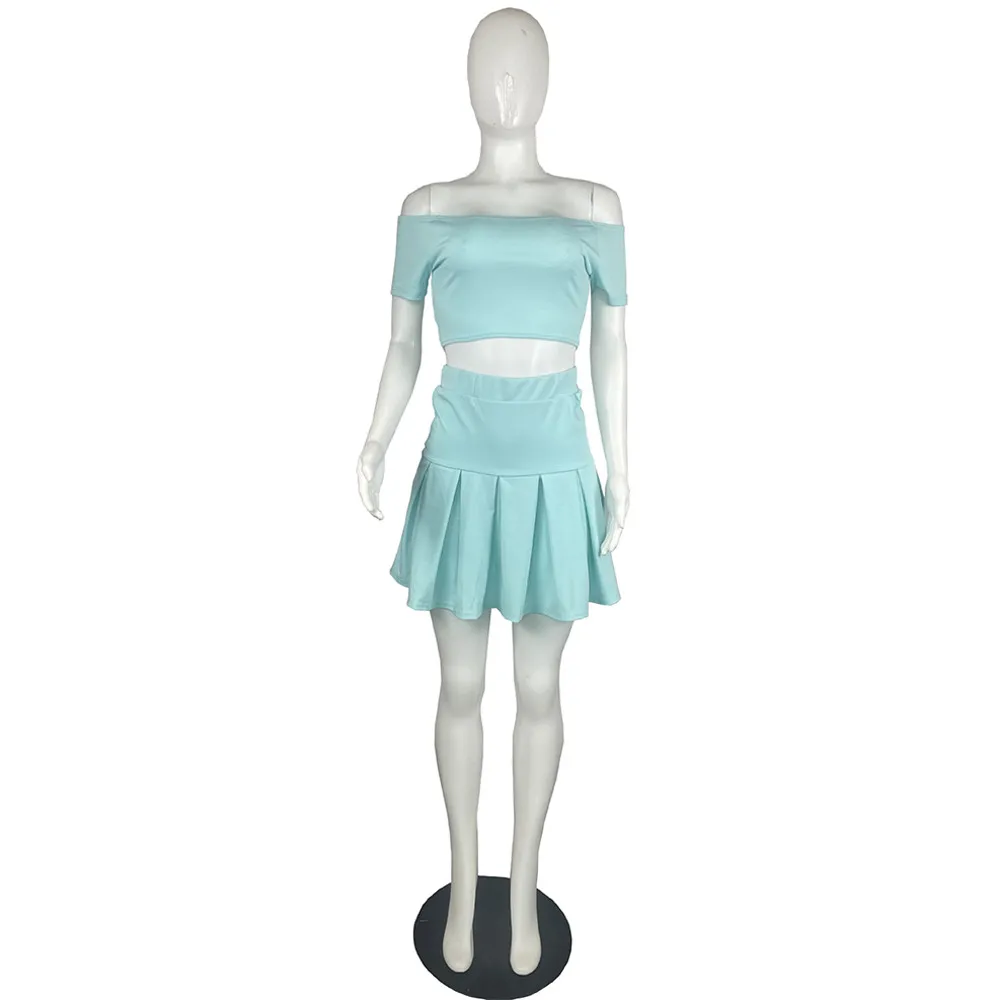 

Candy Color Bandage Two Piece Dress Set Summer Outfits Women Short Sleeve O-neck Crop Top and Pleated Mini Skirt Matching Suit